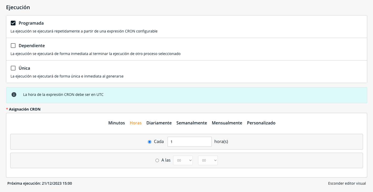 Editor CRON para programación de procesos